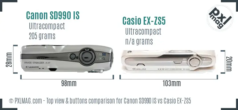 Canon SD990 IS vs Casio EX-ZS5 top view buttons comparison