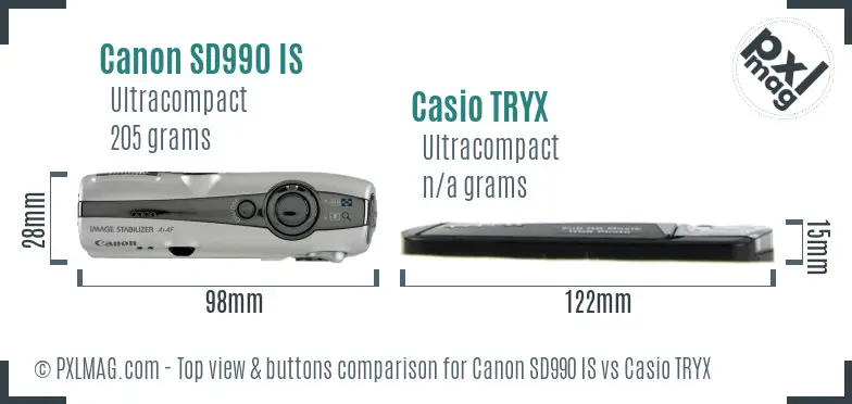 Canon SD990 IS vs Casio TRYX top view buttons comparison Canon SD990 IS vs Casio TRYX top view buttons comparison