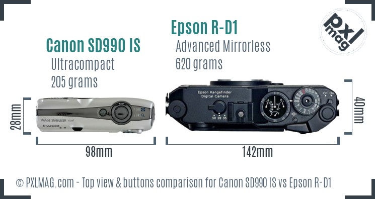 Canon SD990 IS vs Epson R-D1 top view buttons comparison