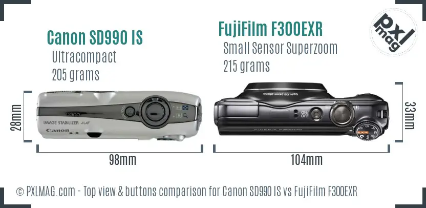 Canon SD990 IS vs FujiFilm F300EXR top view buttons comparison