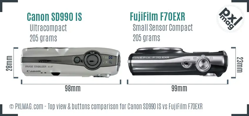 Canon SD990 IS vs FujiFilm F70EXR top view buttons comparison