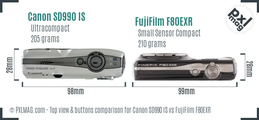 Canon SD990 IS vs FujiFilm F80EXR top view buttons comparison