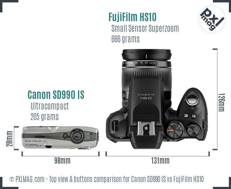 Canon SD990 IS vs FujiFilm HS10 top view buttons comparison