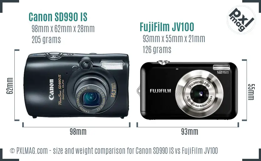Canon SD990 IS vs FujiFilm JV100 size comparison Canon SD990 IS vs FujiFilm JV100 size comparison