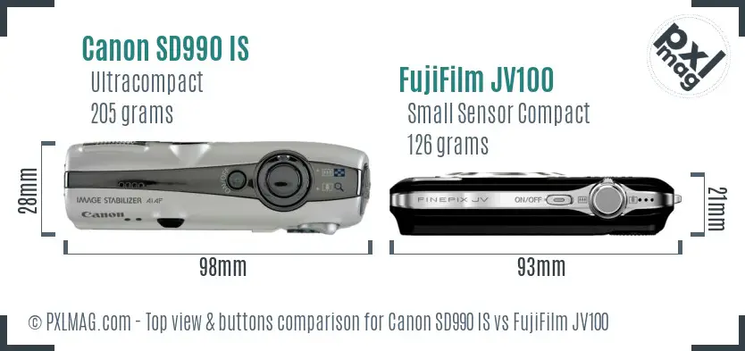 Canon SD990 IS vs FujiFilm JV100 top view buttons comparison Canon SD990 IS vs FujiFilm JV100 top view buttons comparison