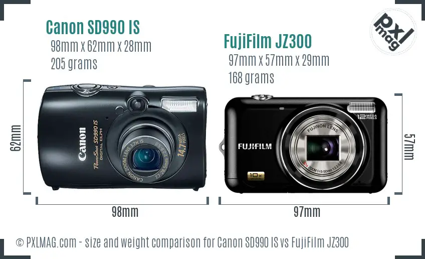 Canon SD990 IS vs FujiFilm JZ300 size comparison
