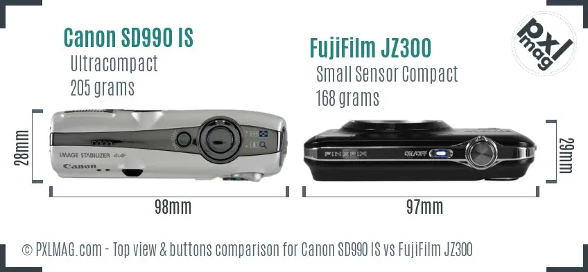 Canon SD990 IS vs FujiFilm JZ300 top view buttons comparison