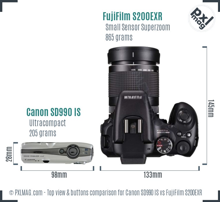Canon SD990 IS vs FujiFilm S200EXR top view buttons comparison