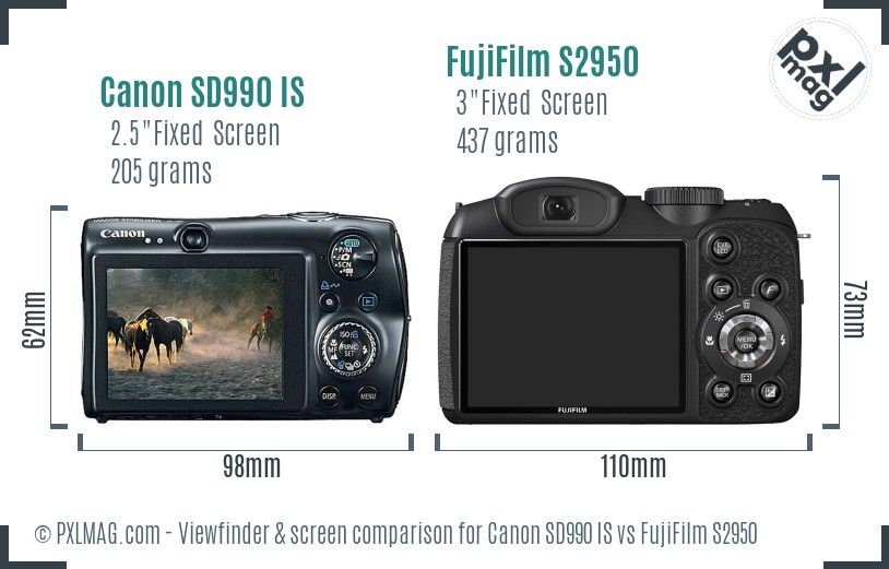 Canon SD990 IS vs FujiFilm S2950 Screen and Viewfinder comparison