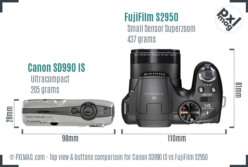 Canon SD990 IS vs FujiFilm S2950 top view buttons comparison