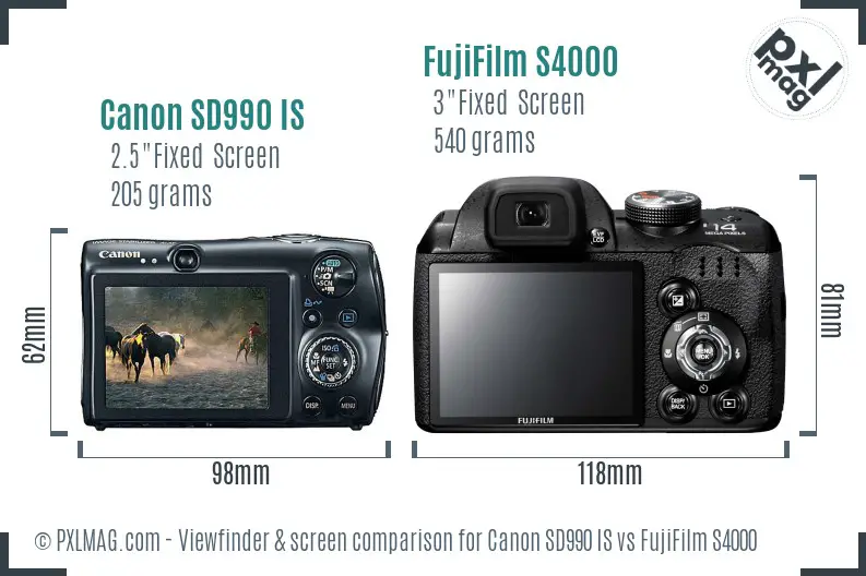 Canon SD990 IS vs FujiFilm S4000 Screen and Viewfinder comparison