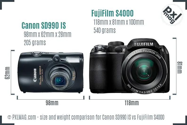 Canon SD990 IS vs FujiFilm S4000 size comparison