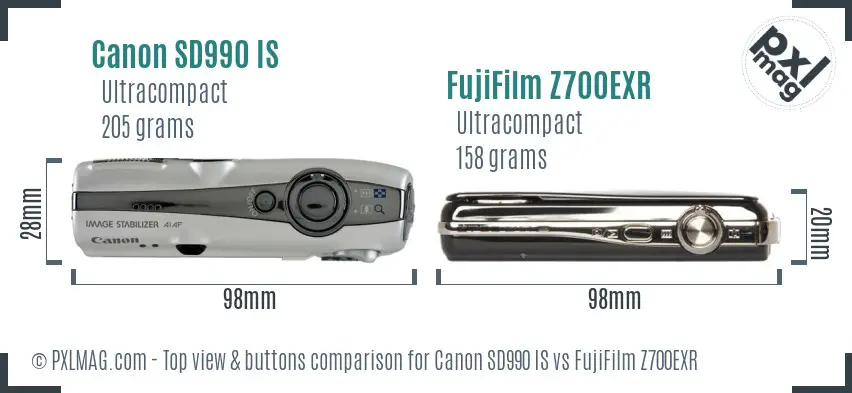 Canon SD990 IS vs FujiFilm Z700EXR top view buttons comparison