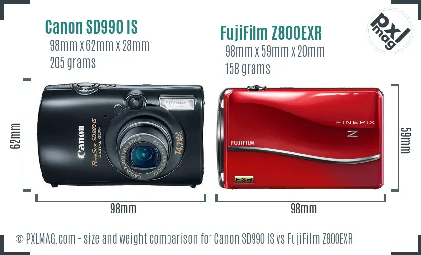 Canon SD990 IS vs FujiFilm Z800EXR size comparison Canon SD990 IS vs FujiFilm Z800EXR size comparison