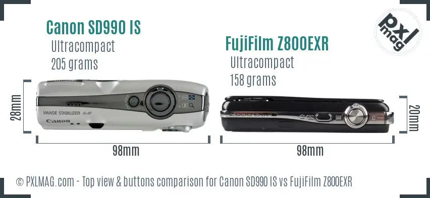 Canon SD990 IS vs FujiFilm Z800EXR top view buttons comparison Canon SD990 IS vs FujiFilm Z800EXR top view buttons comparison