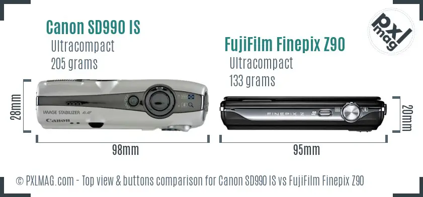 Canon SD990 IS vs FujiFilm Finepix Z90 top view buttons comparison