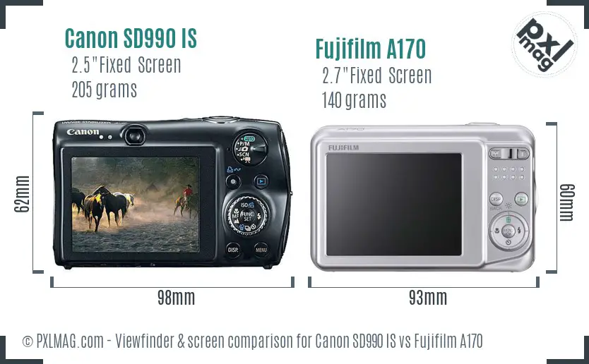 Canon SD990 IS vs Fujifilm A170 Screen and Viewfinder comparison
