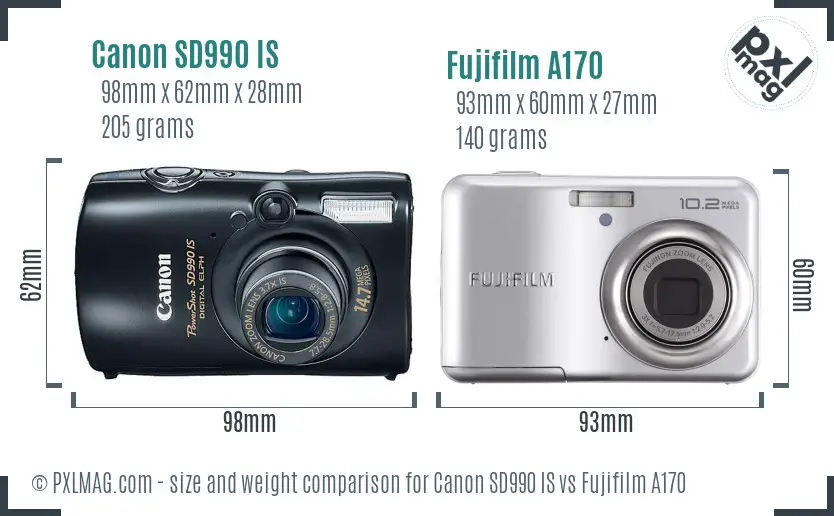 Canon SD990 IS vs Fujifilm A170 size comparison