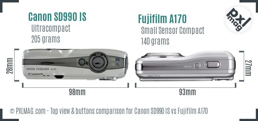 Canon SD990 IS vs Fujifilm A170 top view buttons comparison