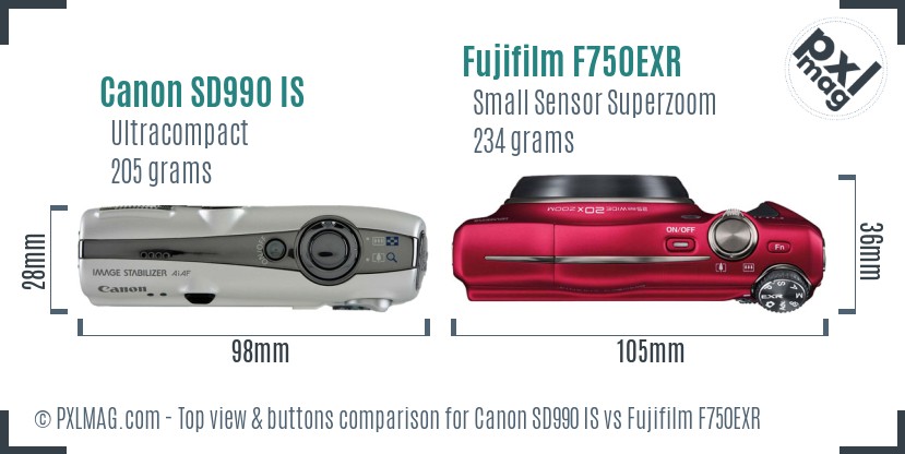 Canon SD990 IS vs Fujifilm F750EXR top view buttons comparison