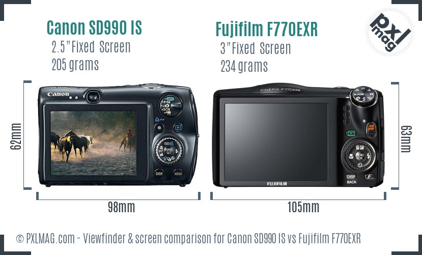 Canon SD990 IS vs Fujifilm F770EXR Screen and Viewfinder comparison