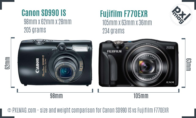 Canon SD990 IS vs Fujifilm F770EXR size comparison Canon SD990 IS vs Fujifilm F770EXR size comparison