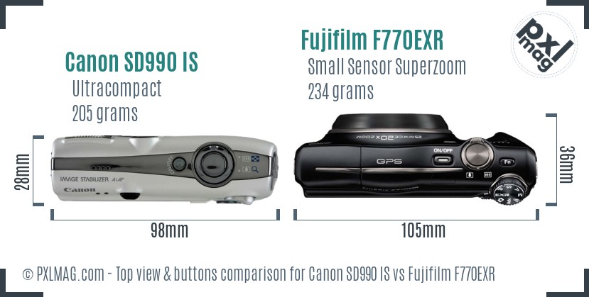 Canon SD990 IS vs Fujifilm F770EXR top view buttons comparison