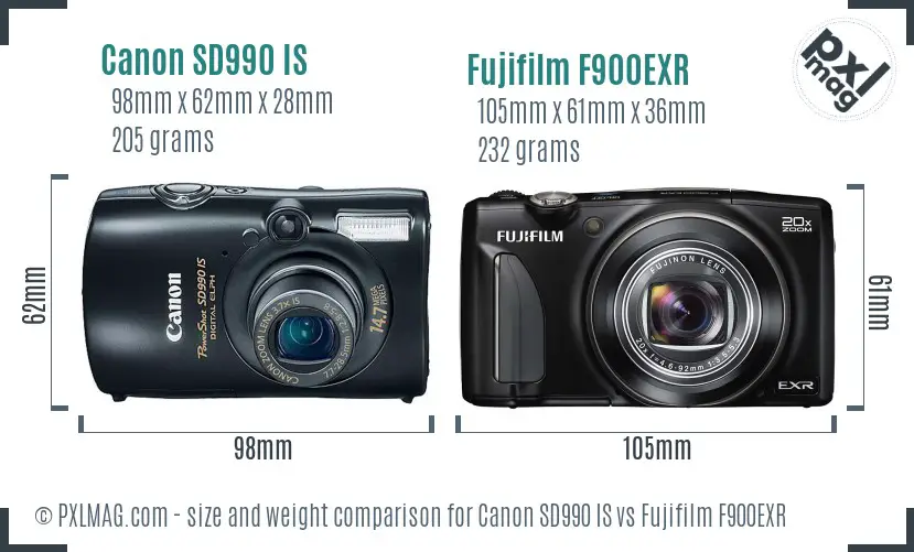 Canon SD990 IS vs Fujifilm F900EXR size comparison