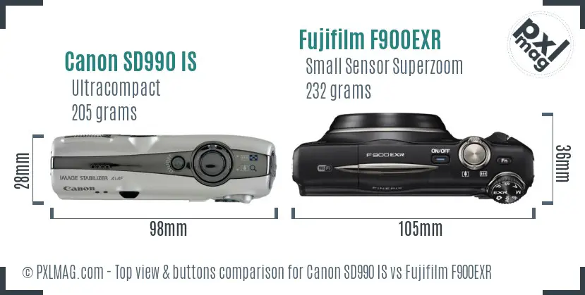 Canon SD990 IS vs Fujifilm F900EXR top view buttons comparison