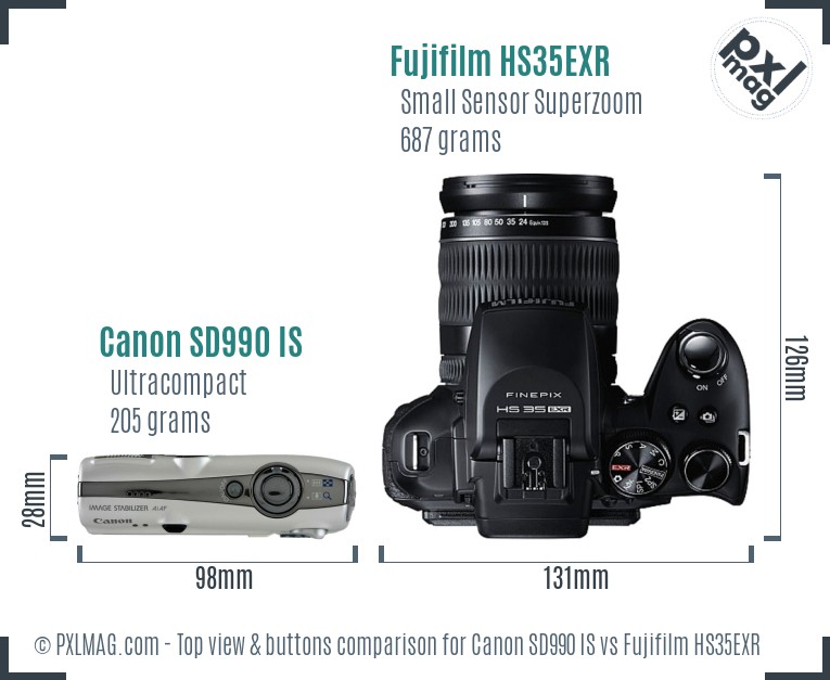Canon SD990 IS vs Fujifilm HS35EXR top view buttons comparison