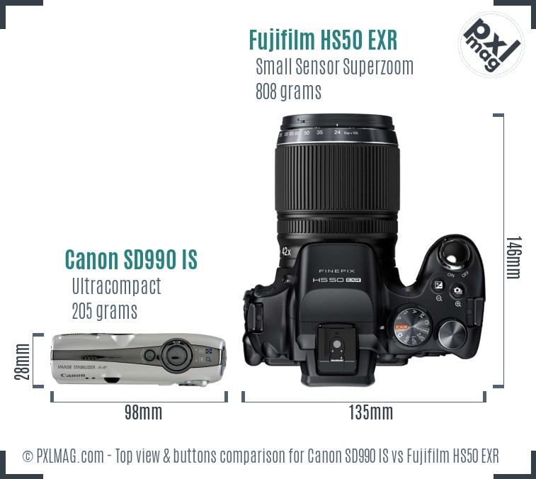 Canon SD990 IS vs Fujifilm HS50 EXR top view buttons comparison