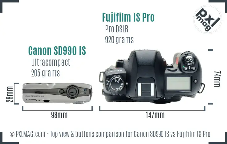 Canon SD990 IS vs Fujifilm IS Pro top view buttons comparison Canon SD990 IS vs Fujifilm IS Pro top view buttons comparison