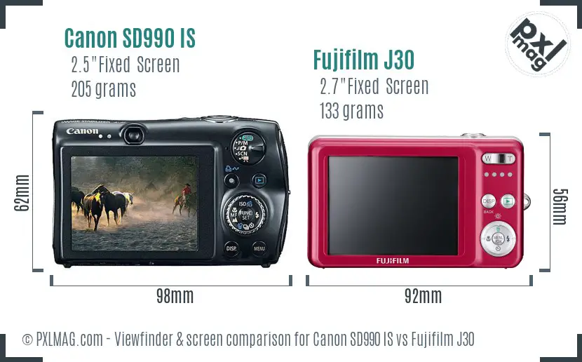 Canon SD990 IS vs Fujifilm J30 Screen and Viewfinder comparison