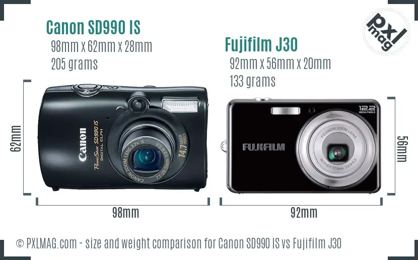 Canon SD990 IS vs Fujifilm J30 size comparison