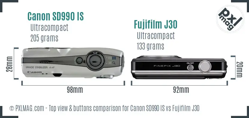 Canon SD990 IS vs Fujifilm J30 top view buttons comparison