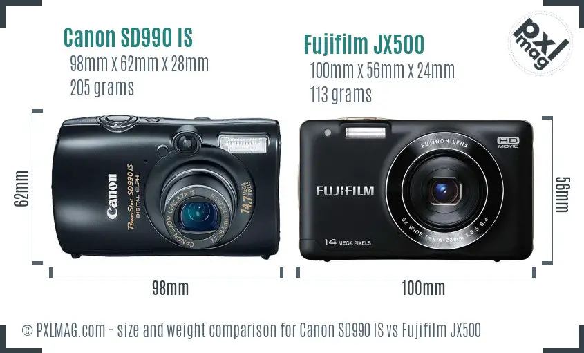 Canon SD990 IS vs Fujifilm JX500 size comparison Canon SD990 IS vs Fujifilm JX500 size comparison