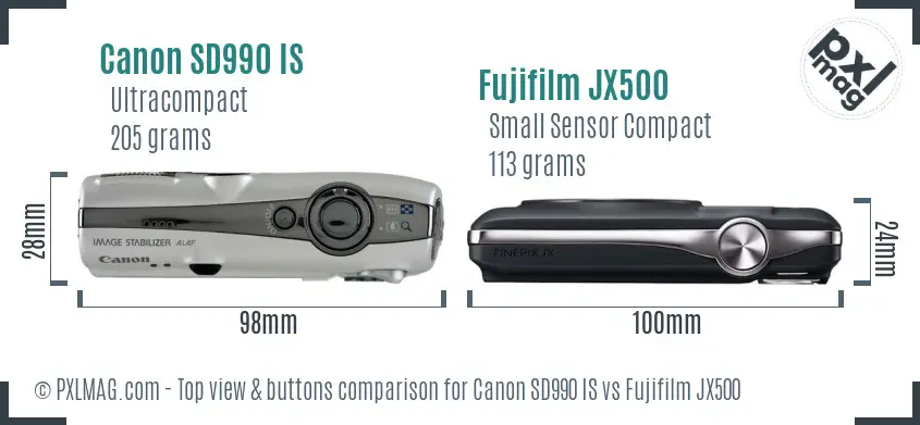 Canon SD990 IS vs Fujifilm JX500 top view buttons comparison Canon SD990 IS vs Fujifilm JX500 top view buttons comparison