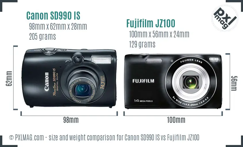 Canon SD990 IS vs Fujifilm JZ100 size comparison Canon SD990 IS vs Fujifilm JZ100 size comparison