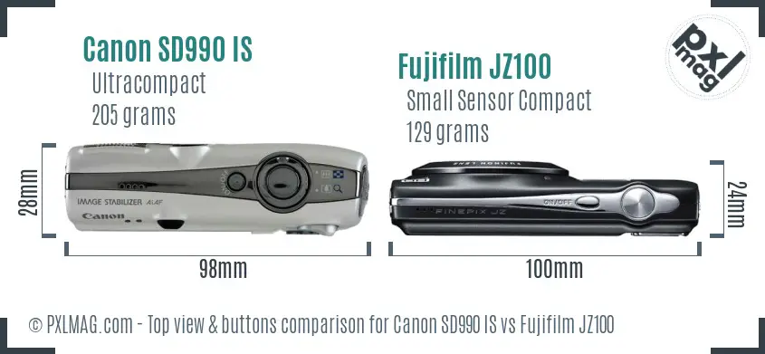 Canon SD990 IS vs Fujifilm JZ100 top view buttons comparison Canon SD990 IS vs Fujifilm JZ100 top view buttons comparison