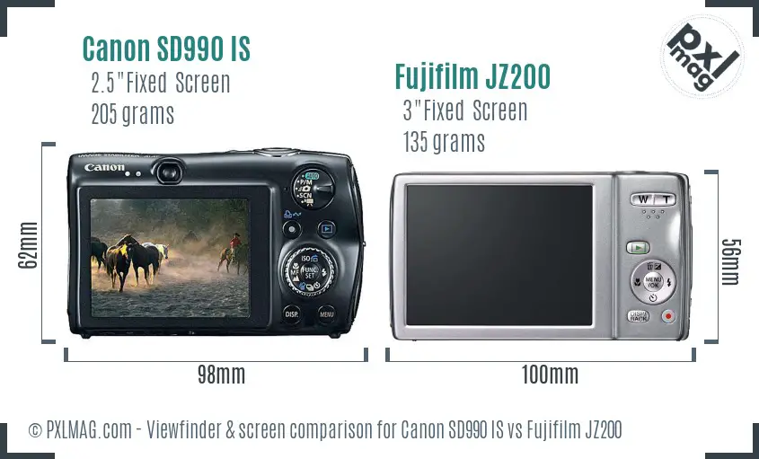 Canon SD990 IS vs Fujifilm JZ200 Screen and Viewfinder comparison