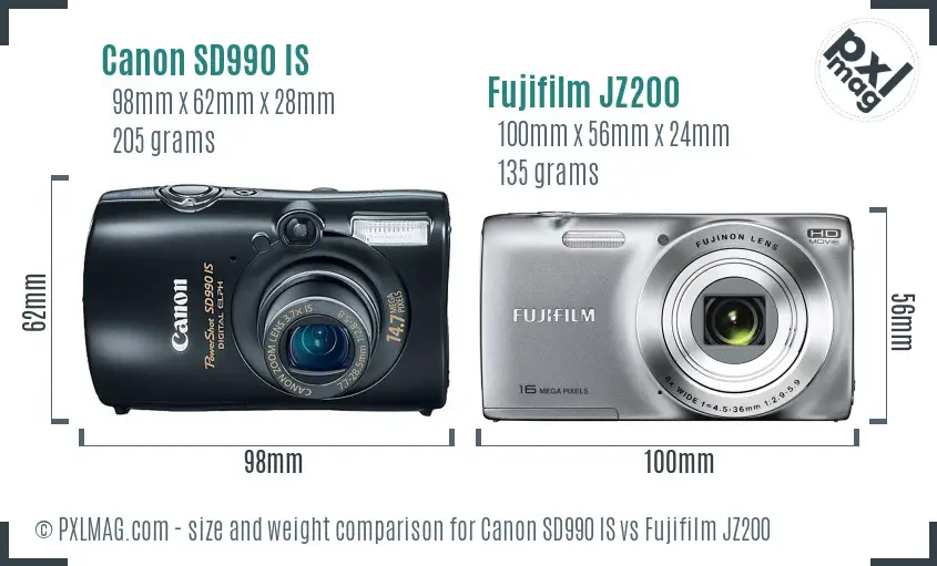 Canon SD990 IS vs Fujifilm JZ200 size comparison Canon SD990 IS vs Fujifilm JZ200 size comparison