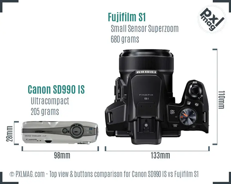 Canon SD990 IS vs Fujifilm S1 top view buttons comparison Canon SD990 IS vs Fujifilm S1 top view buttons comparison