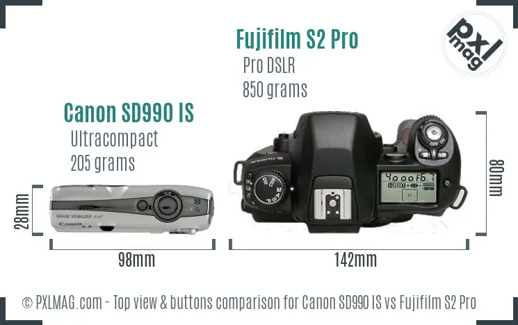 Canon SD990 IS vs Fujifilm S2 Pro top view buttons comparison Canon SD990 IS vs Fujifilm S2 Pro top view buttons comparison