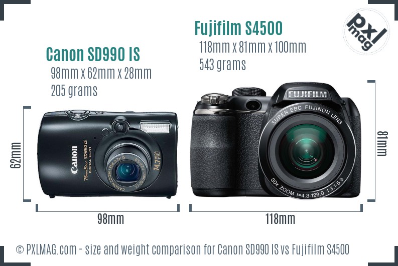 Canon SD990 IS vs Fujifilm S4500 size comparison Canon SD990 IS vs Fujifilm S4500 size comparison