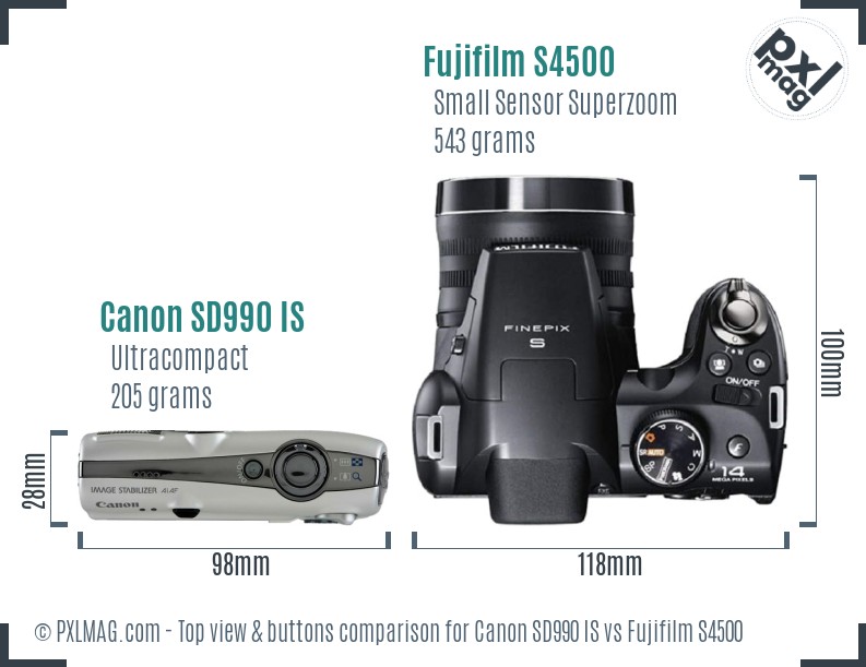 Canon SD990 IS vs Fujifilm S4500 top view buttons comparison