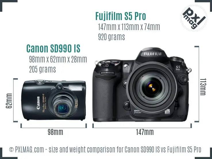 Canon SD990 IS vs Fujifilm S5 Pro size comparison Canon SD990 IS vs Fujifilm S5 Pro size comparison