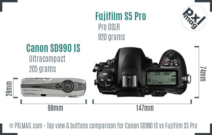 Canon SD990 IS vs Fujifilm S5 Pro top view buttons comparison Canon SD990 IS vs Fujifilm S5 Pro top view buttons comparison