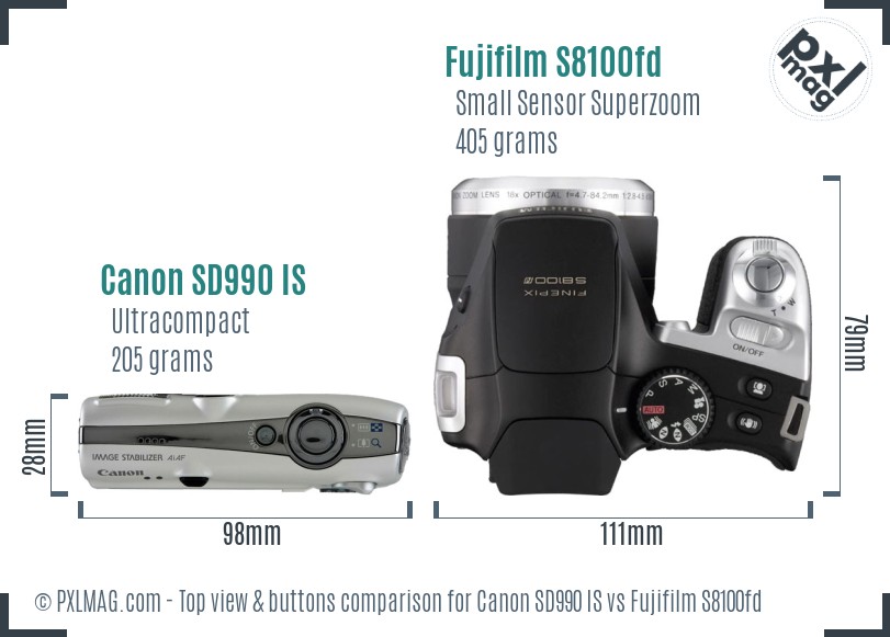 Canon SD990 IS vs Fujifilm S8100fd top view buttons comparison