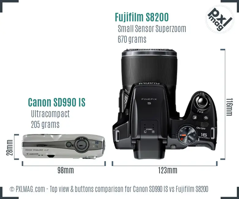Canon SD990 IS vs Fujifilm S8200 top view buttons comparison Canon SD990 IS vs Fujifilm S8200 top view buttons comparison