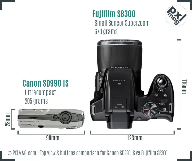 Canon SD990 IS vs Fujifilm S8300 top view buttons comparison Canon SD990 IS vs Fujifilm S8300 top view buttons comparison